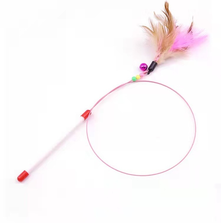 wholesale Interactive feather toy Multi color Cat Teaser Stick with bell Pet Tail Shape Wire collar feather cat stickers toy