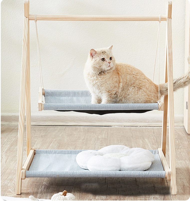 2 in 1 Comfortable Cat Double Hammock Bed Pet Wood Swing Hanging Chair Cat Accessories Pet Supplies