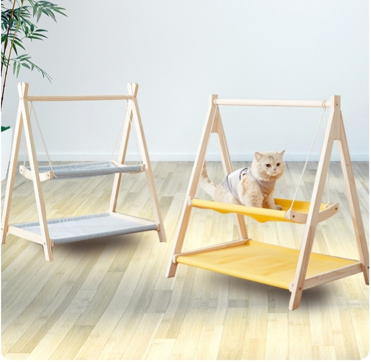 2 in 1 Comfortable Cat Double Hammock Bed Pet Wood Swing Hanging Chair Cat Accessories Pet Supplies