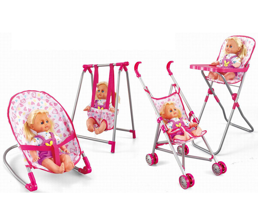 Kids 14 INCH Baby Doll 5-in-1 Combination Suit With Baby Stroller Swing  Dining Chair  For Kids