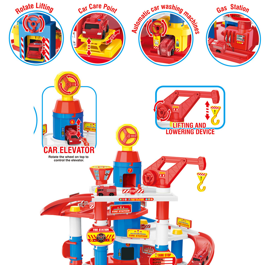 Lot Item Diy Fire Automatic Car Washing Station Kids Lifting Elevator Parking Garage Toys