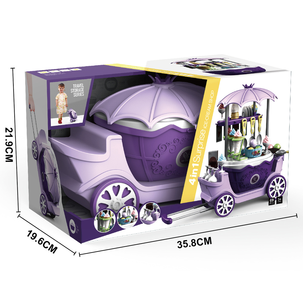 BSCI FTY 2021 Newest Kitchen Toys play set 69pcs Kitchen Toys 4 in 1 Surprise Ice cream shopping cart  princess car for kids