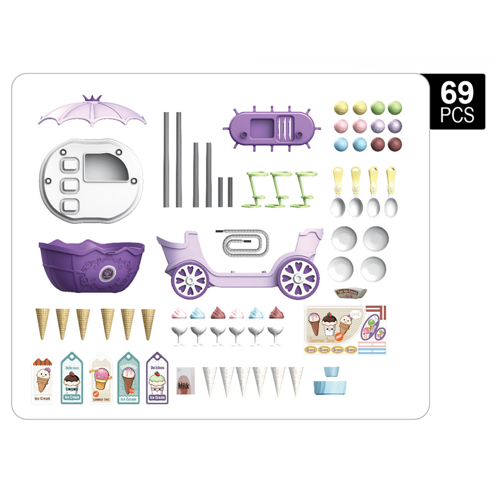 BSCI FTY 2021 Newest Kitchen Toys play set 69pcs Kitchen Toys 4 in 1 Surprise Ice cream shopping cart  princess car for kids