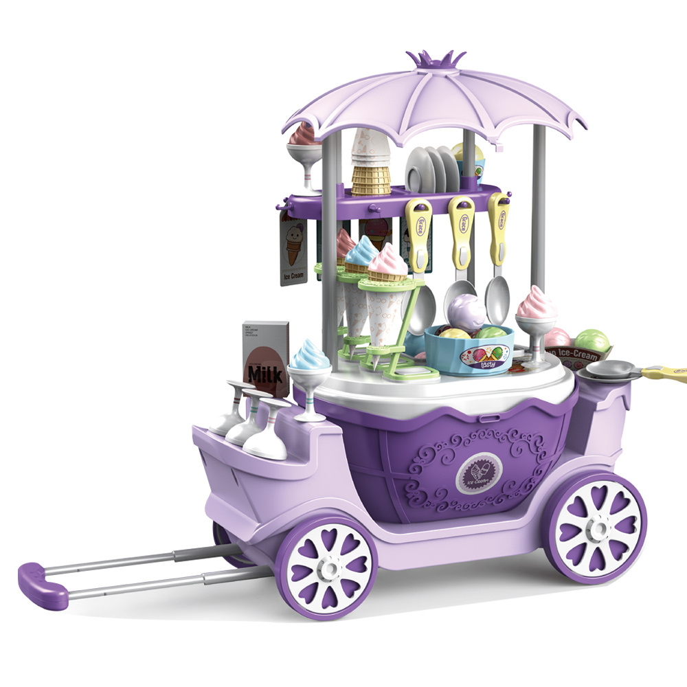 BSCI FTY 2021 Newest Kitchen Toys play set 69pcs Kitchen Toys 4 in 1 Surprise Ice cream shopping cart  princess car for kids