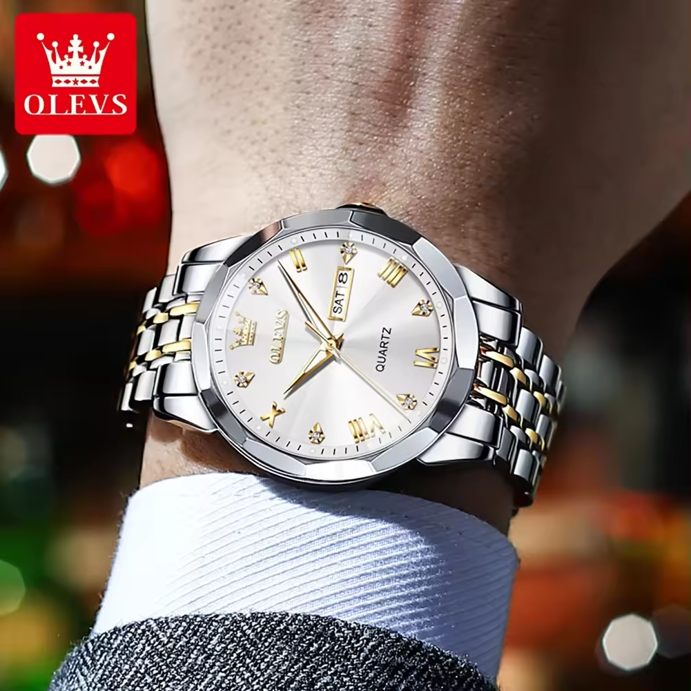 2024 Hot OLEVS Men's Watches Mirror Original Quartz Watch For Man Waterproof Luminous Stainless Steel Wristwatch Male Week Date