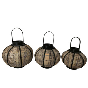 Vintage Table Decorative Lanterns Handmade Bamboo Jute Linen Wicker Lantern With LED Candle