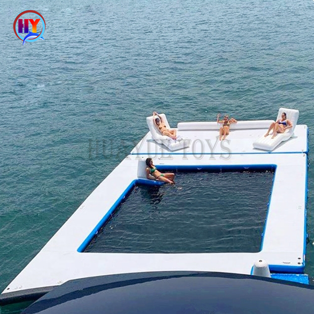 Portable Inflatable Floating Ocean Sea Swimming Pool with net/ inflatable yacht slide dock platform