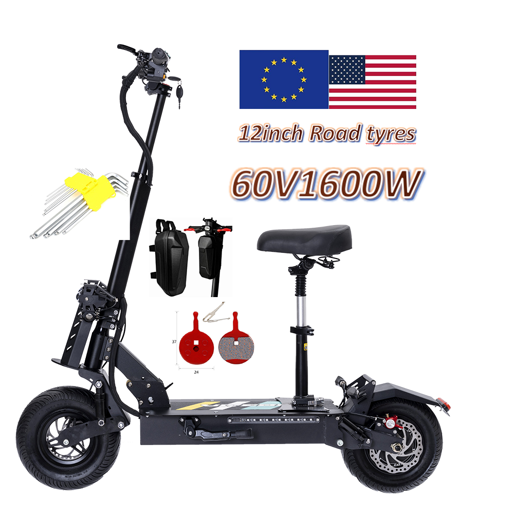 Electric Scooter 12inch vacuum road tire 60V 1600W rear Motor Folding Off Road Escooter For Adult