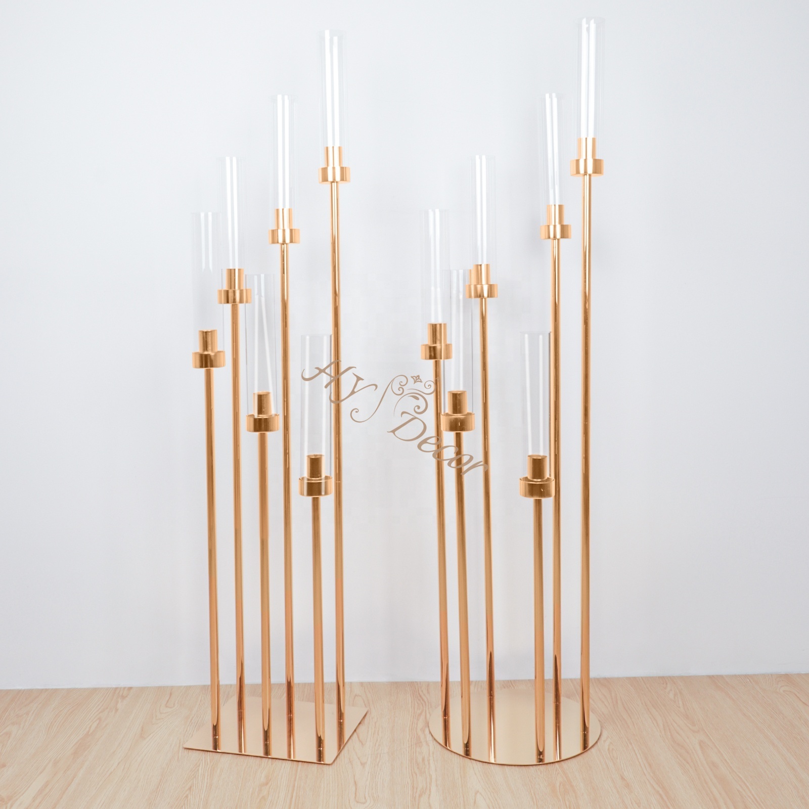 HY Metal Acrylic Glass Gold Candle Holders Candelabra Centerpieces Wedding Table Decoration Candelabra for Wedding Centerpiece