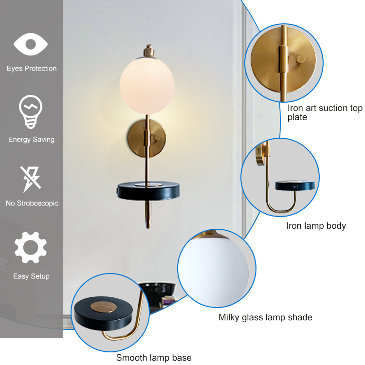 European Design Easy To Use Usb Interface Rechargeable Hotel Room Bedroom Led Glass Sconce Wall Light