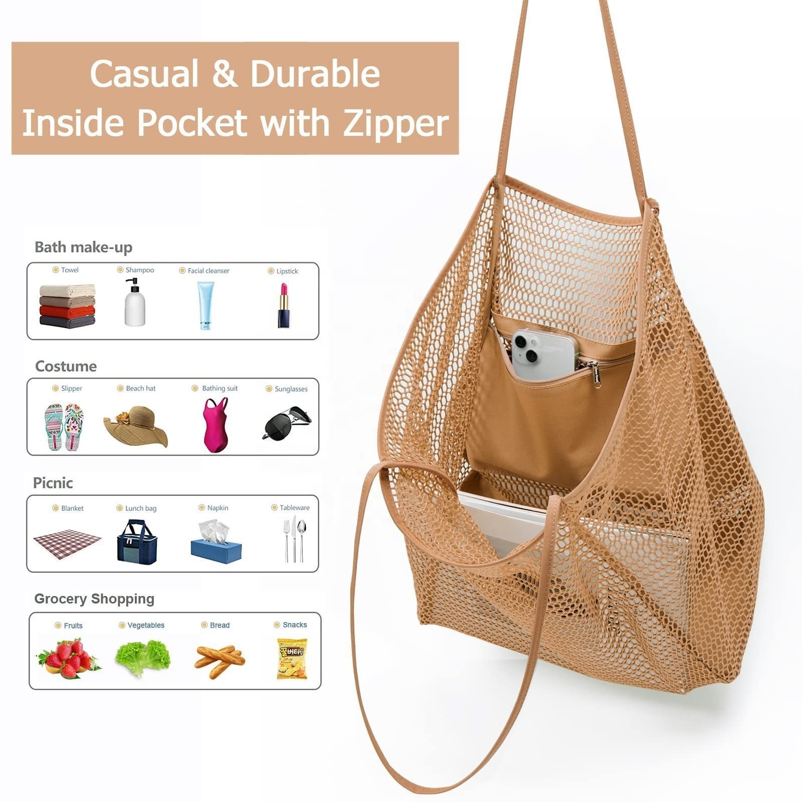 Beach bag, mesh, one shoulder carrying bag for men and women to carry out outdoor washing, swimming clothes storage bag