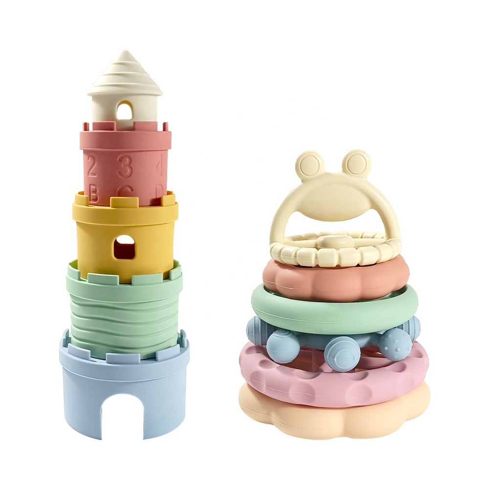 BPA Free Baby Building Blocks Teething Frog Rings Silicone Stacking Teether Children's Educational Stacker Stacking Toy