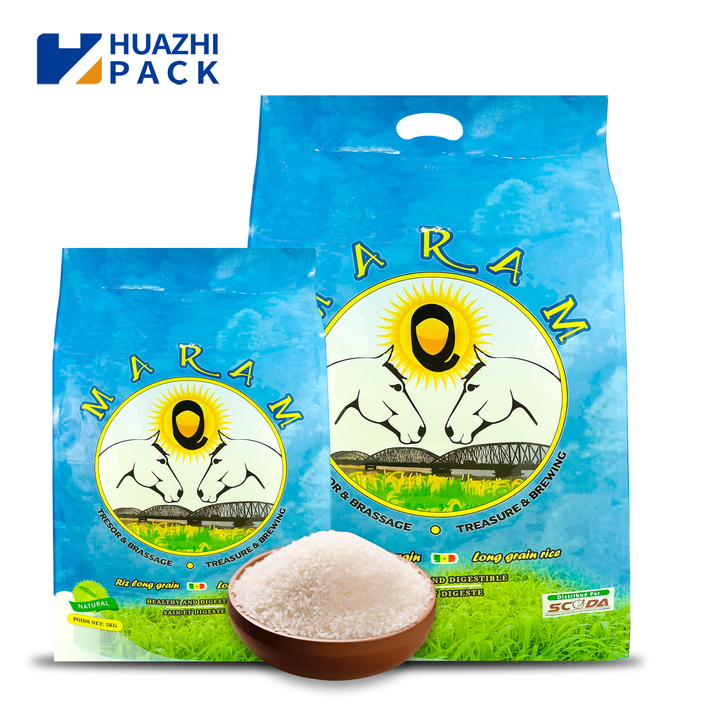 Custom 1kg 2kg 5kg 10kg food grade big volume vac pack rice packaging bag with plastic handle