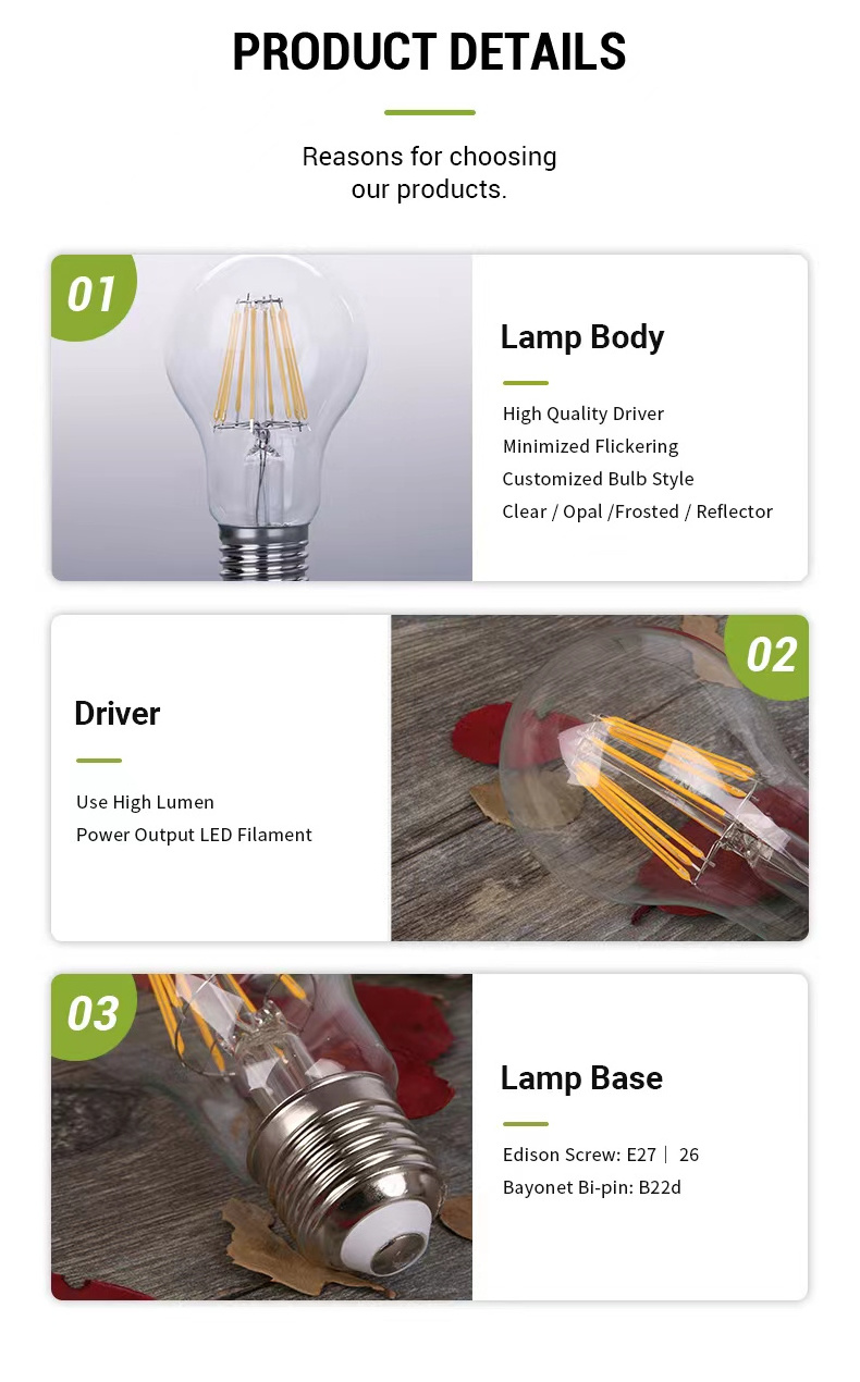 Wholesale High bright E27 E26 Base Clear Golden A60 LED Filament Bulb Vintage Edison Bulb Light