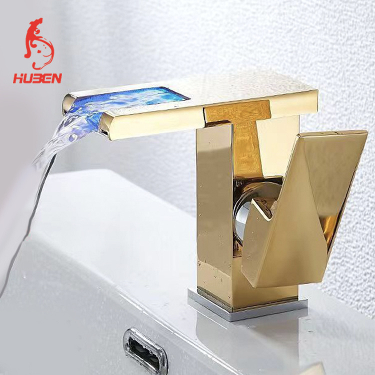 Bathroom Basin Single Handle Cold Hot Water Led Light Waterfall Faucet