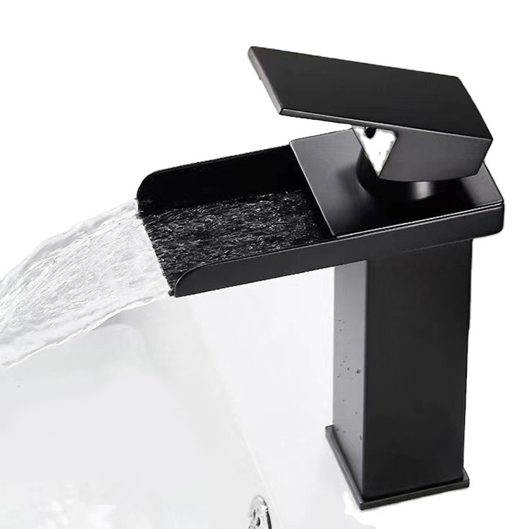 Waterfall Spout Bathroom Faucet Single Handle Bathroom Vanity Sink Faucet Black