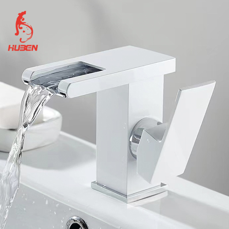 Bathroom Basin Single Handle Cold Hot Water Led Light Waterfall Faucet