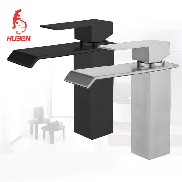 Single Handle Basin Faucet Waterfall SUS304 Stainless Steel Bathroom Sink Faucet Square Flat Mouth Hot and Cold Water Mixer Tap