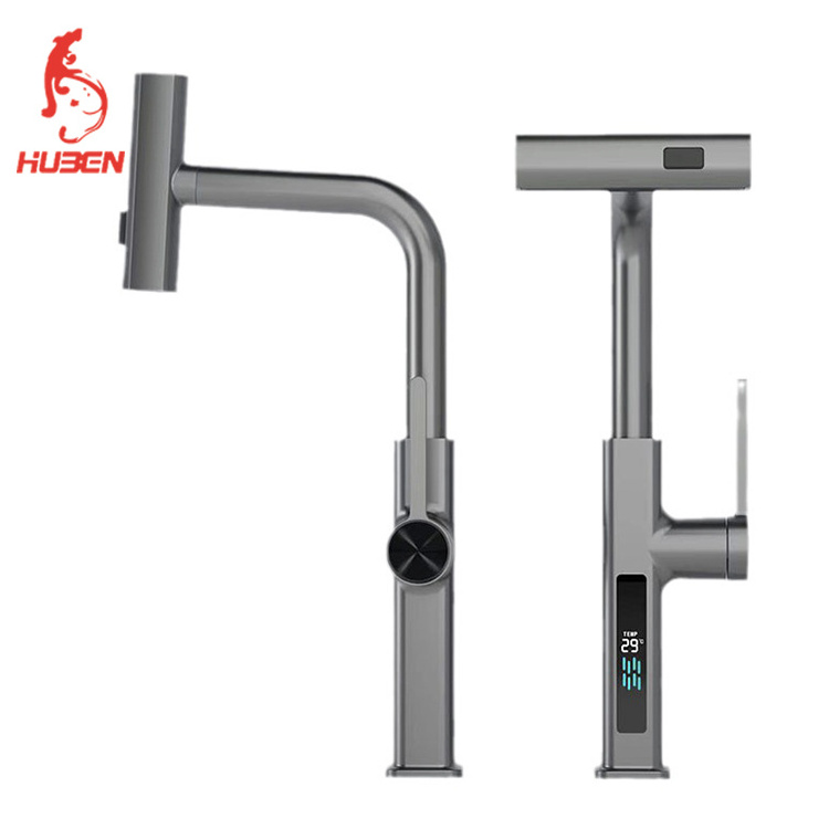 Multifunction Luxury Fly Rain Flexible Single Handle Digital Display Temperature Kitchen Faucet