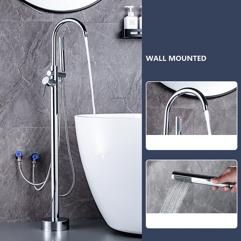 Freestanding Bathtub Faucet Waterfall Tub Filler Brushed Nickel Floor Mount Brass Single Handle Bathroom Faucets with Handshower