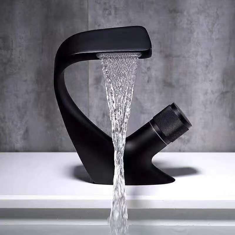 Waterfall Cold and Hot Water Mixer Bathroom Sink Mixer Brass Black Basin Tap Modern Contemporary Ceramic Basin Faucets 5 Years