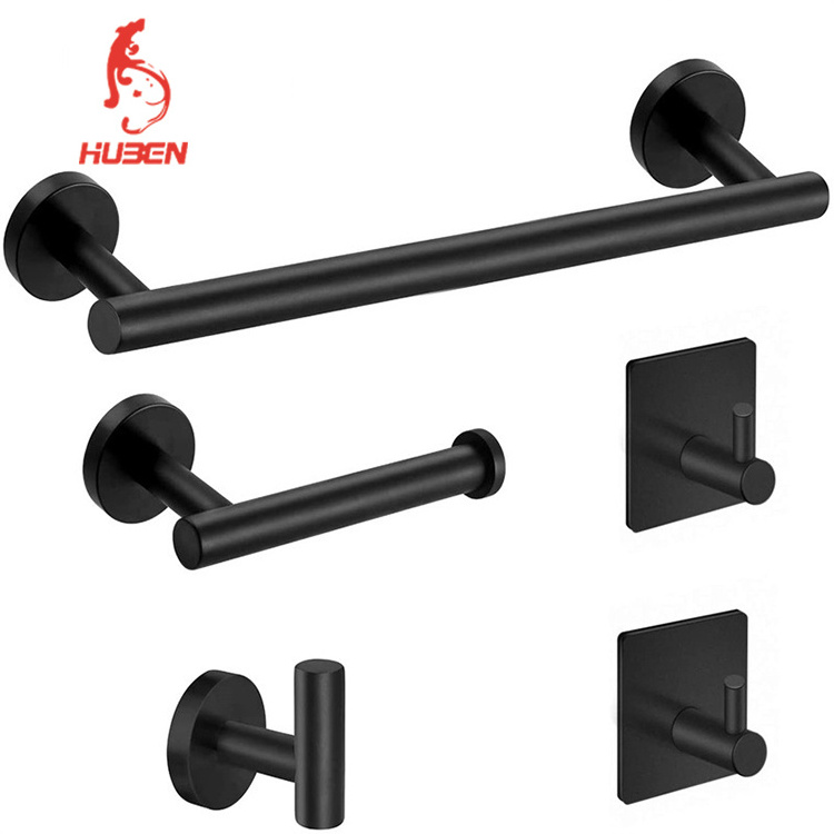 Hotel modern wall mounted five pieces stainless steel matte black toilet bathroom accessories set