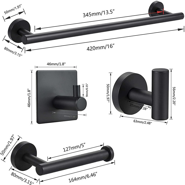 Hotel modern wall mounted five pieces stainless steel matte black toilet bathroom accessories set