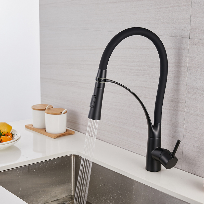 Black Lacquered  Silicone Tube Kitchen Sink Spring Faucet with Sprinkler Brass Kitchen Faucet Pull-Out