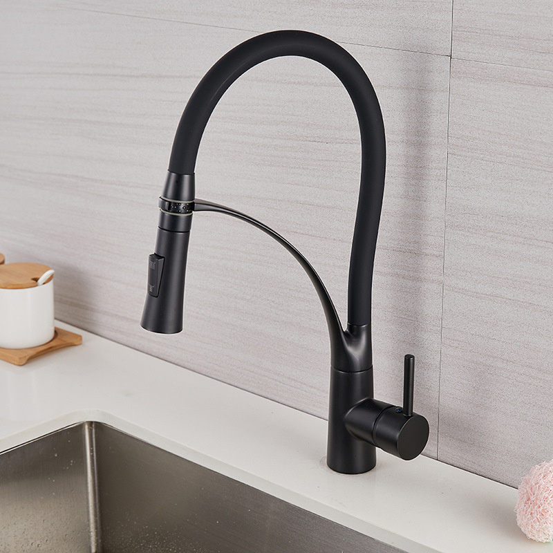 Black Lacquered  Silicone Tube Kitchen Sink Spring Faucet with Sprinkler Brass Kitchen Faucet Pull-Out