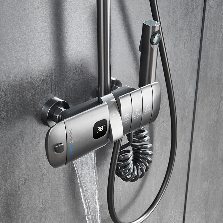 Modern Gun Grey 4 Function Brass Wall Mounted Thermostatic Shower Mixer Diverter Valve