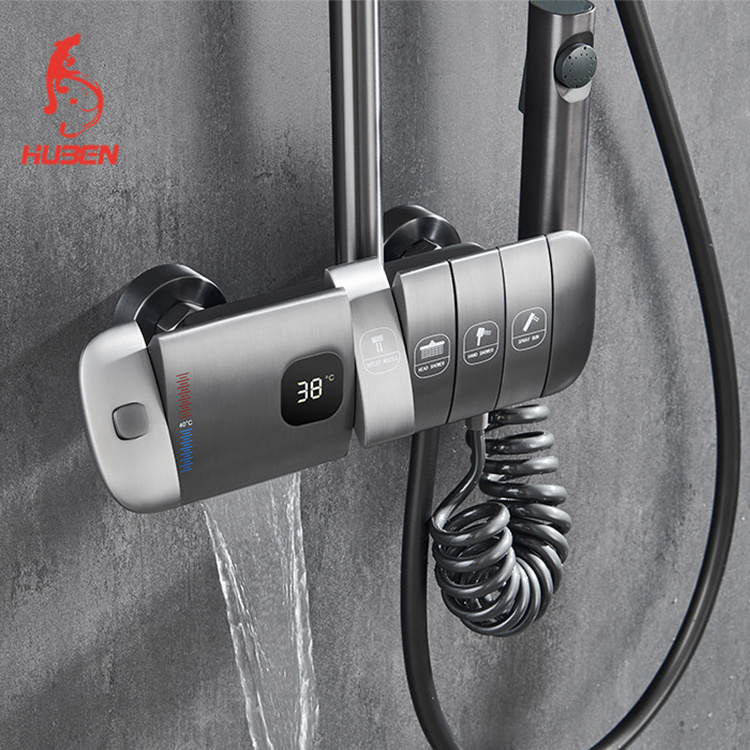 Modern Gun Grey 4 Function Brass Wall Mounted Thermostatic Shower Mixer Diverter Valve