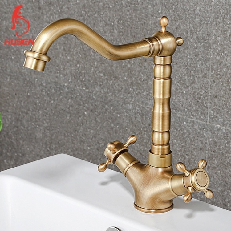 European Style Household Dual Handle Hot And Cold Water Basin Faucet Retro Spiral Antique Copper Brass Kitchen Faucet