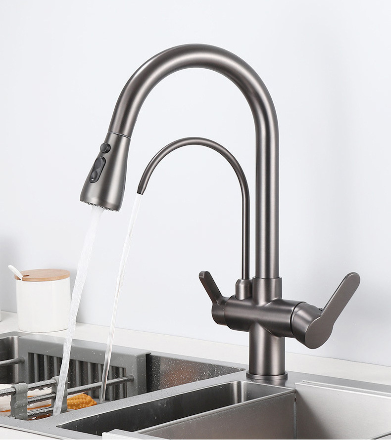 brass 3 way gun gray painted double handles water purifier kitchen sink faucet with pull down sprayer