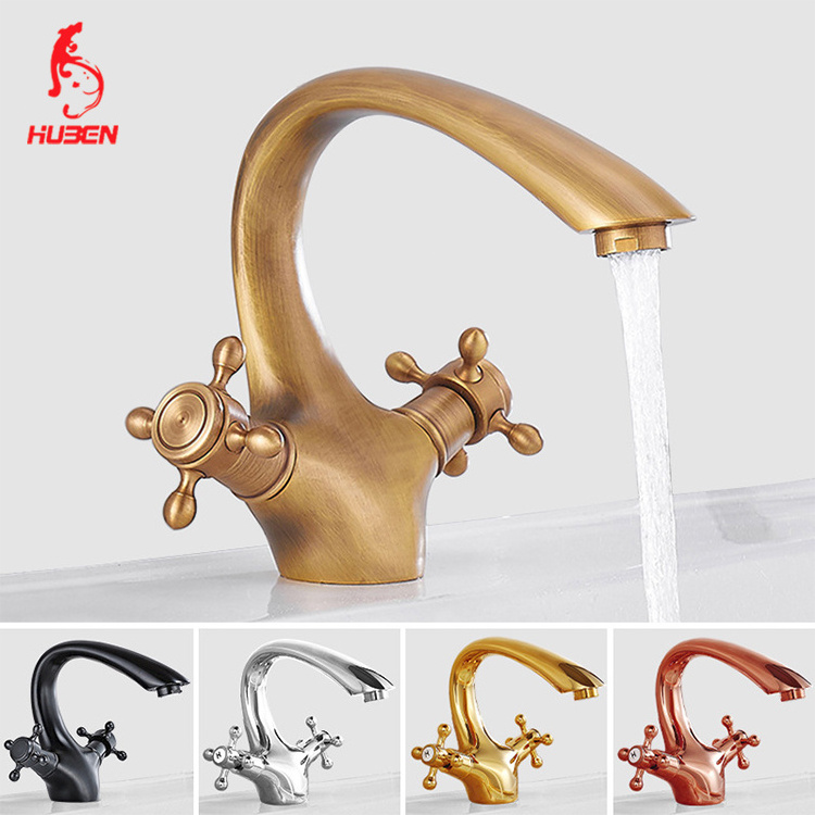 Factory antique swan spout washbasin faucet double hot and cold copper faucet