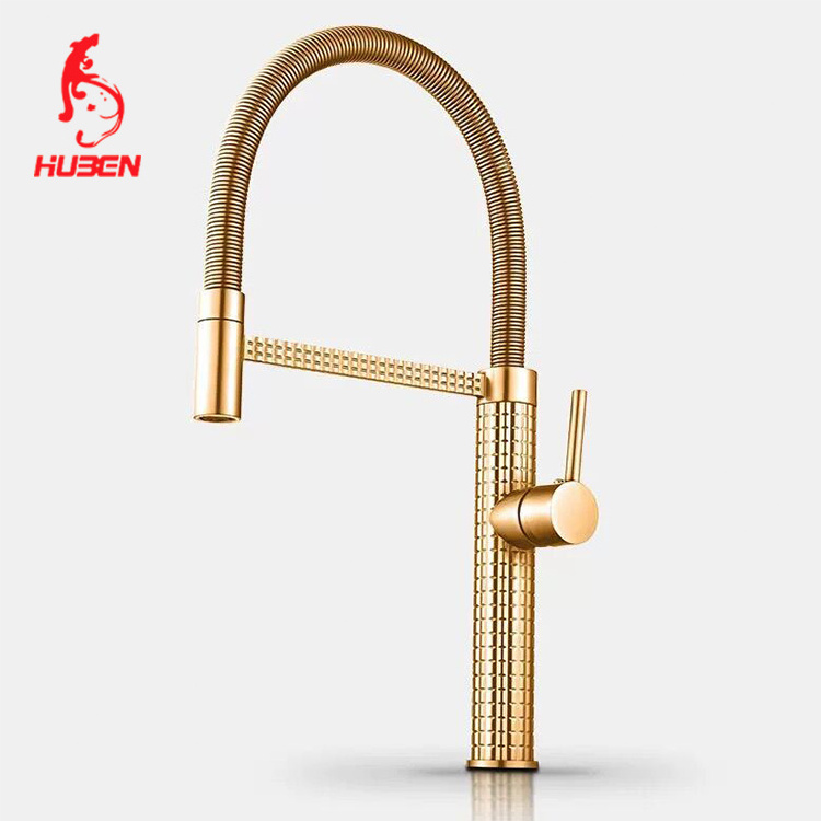 New Luxury Pull-down Rotatable Spring Kitchen Faucet Gold Kitchen Sink Faucet Modern Contemporary Ceramic Hot Cold Water Mixer