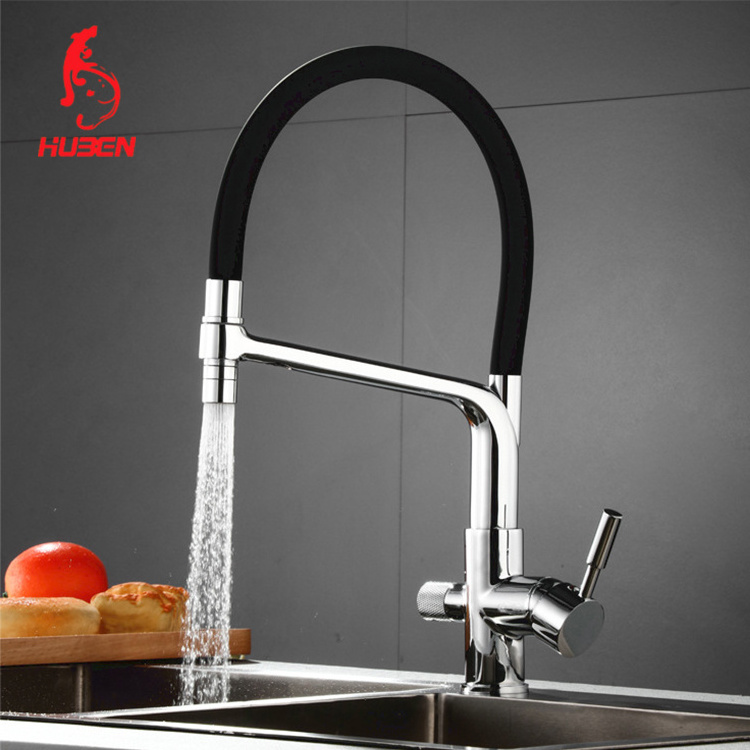 Durable Matte Black Brass 3-way Kitchen Sink Faucet Brushed Nickel Dual Handle Kitchen Purified Water Mixer Tap