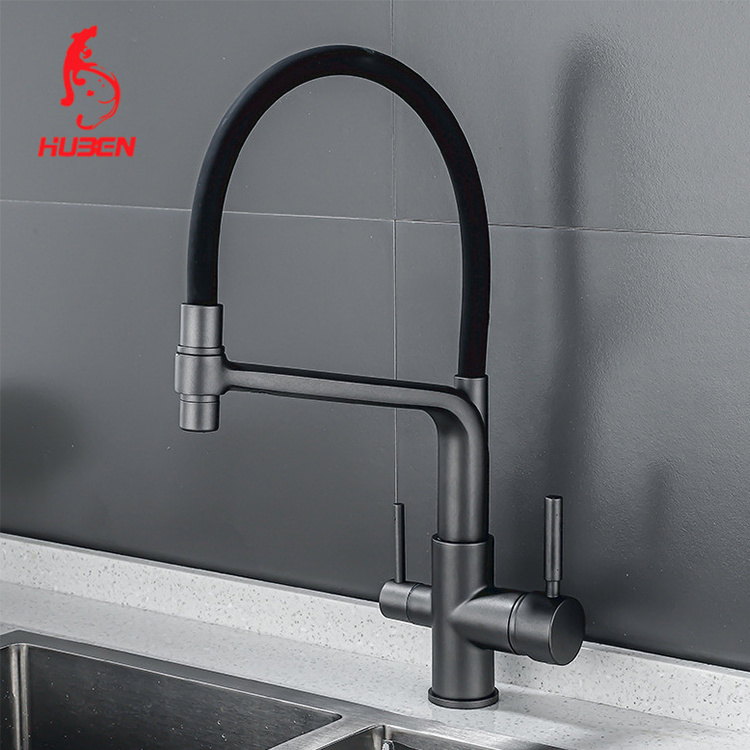 Durable Matte Black Brass 3-way Kitchen Sink Faucet Brushed Nickel Dual Handle Kitchen Purified Water Mixer Tap