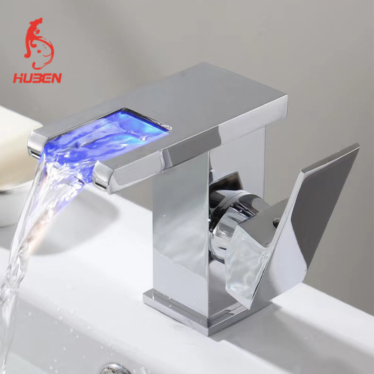 LED Solid Brass Waterfall Black Single Hole Bathroom Sink Faucet 3 Colors Light Changing Single Handle Vanity Faucets