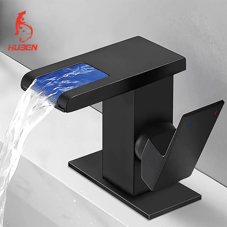 LED Solid Brass Waterfall Black Single Hole Bathroom Sink Faucet 3 Colors Light Changing Single Handle Vanity Faucets