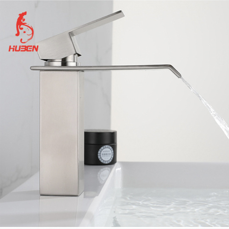 Single Handle Basin Faucet Waterfall SUS304 Stainless Steel Bathroom Sink Faucet Square Flat Mouth Hot and Cold Water Mixer Tap