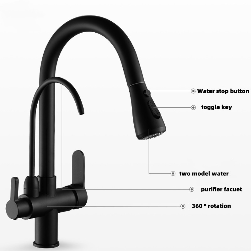 Water Filter Kitchen Faucet Single Lever Pull Out Sprayer Purified Water Kitchen Mixer Tap 3 Ways Pure Commercial Matte Black