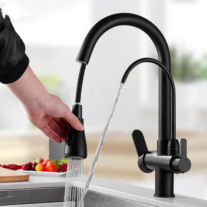 Water Filter Kitchen Faucet Single Lever Pull Out Sprayer Purified Water Kitchen Mixer Tap 3 Ways Pure Commercial Matte Black