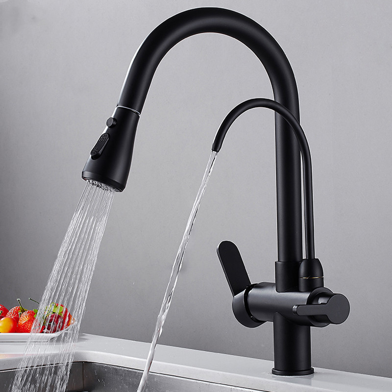 Water Filter Kitchen Faucet Single Lever Pull Out Sprayer Purified Water Kitchen Mixer Tap 3 Ways Pure Commercial Matte Black