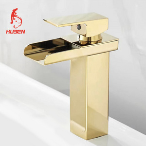 Gold Basin Tap Brass Single Level Waterfall Basin Mixersquare Wash Basin Faucet for Bathroom