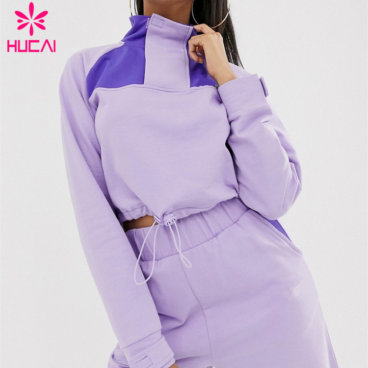 Custom Latest Design Sport Set Crop Top Hoodie Sweatsuit Set Women High Quality 2 Piece Set Tracksuit Purple