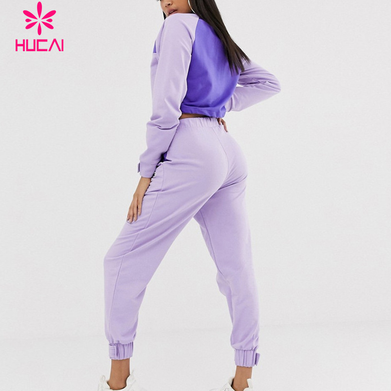 Custom Latest Design Sport Set Crop Top Hoodie Sweatsuit Set Women High Quality 2 Piece Set Tracksuit Purple