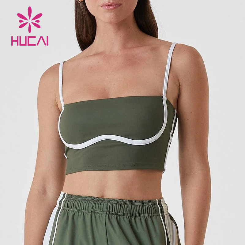 HUCAI OEM Polyester Spandex splicing strip slim fitting curved women training workout gym yoga crop tank top build in bra