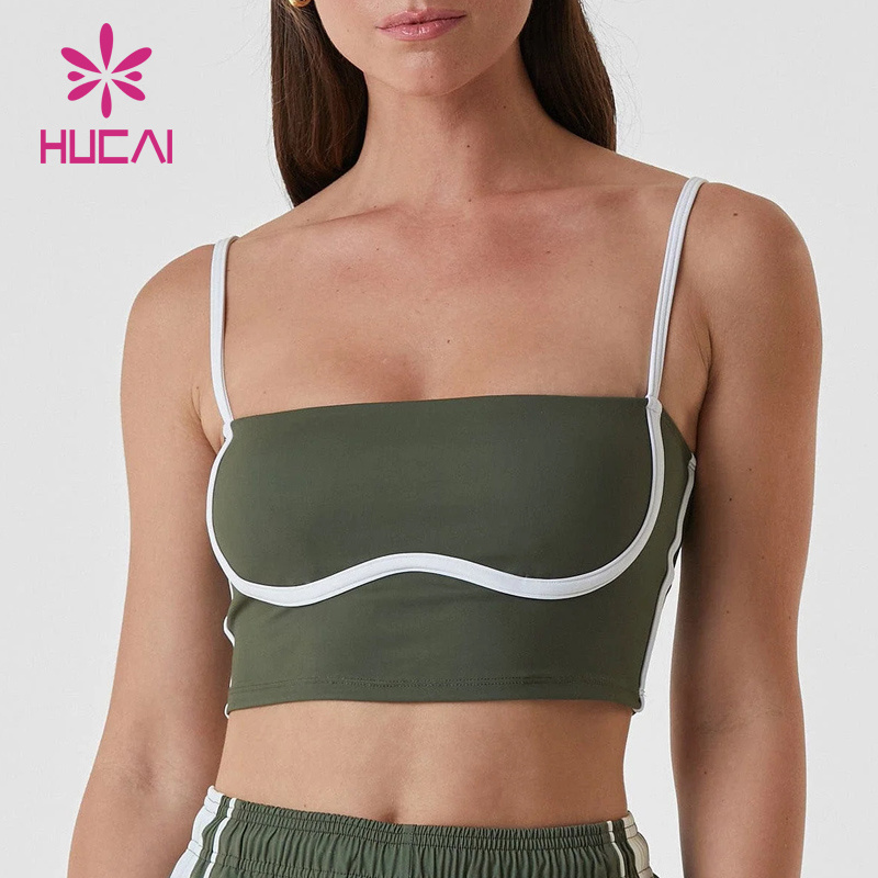 HUCAI OEM Polyester Spandex splicing strip slim fitting curved women training workout gym yoga crop tank top build in bra