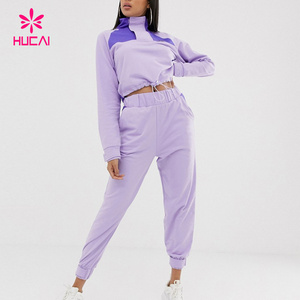 Custom Latest Design Sport Set Crop Top Hoodie Sweatsuit Set Women High Quality 2 Piece Set Tracksuit Purple