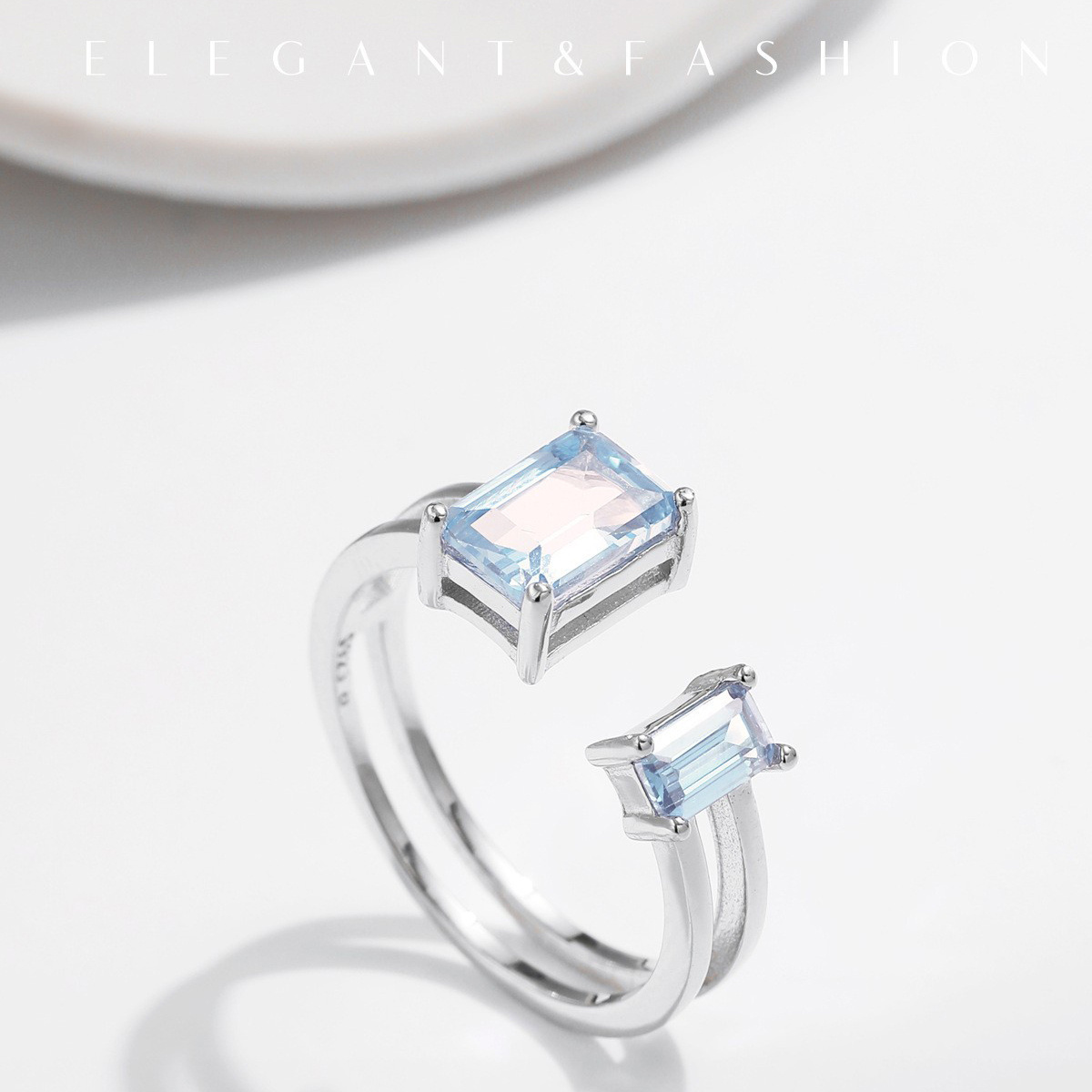 S925 Sterling Silver Double Layer Line Super Sparkling  Sea Blue Treasure Ring Women's Small Open Index Finger Ring